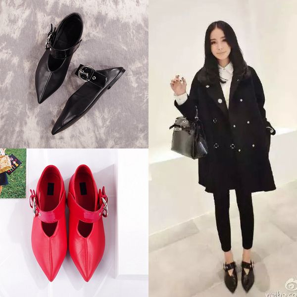 

U523 34 40 2 color genuine leather pointy belt flat hoe ca ual mary jane ce runway celeb fa hion vogue black red lide