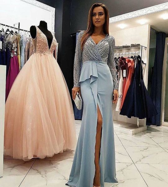 Murad Prom Dresses Zuhair anteriori split con lunghe maniche V Neck perline Abiti da sera Guaina Vestidos de fiesta Piano Lunghezza vestito convenzionale