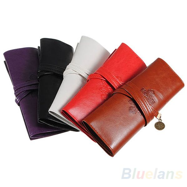 2017 Vintage Retro Luxury Roll Leather Make Up Cosmetic Pen Pencil Case Pouch Purse Bag for School G1220