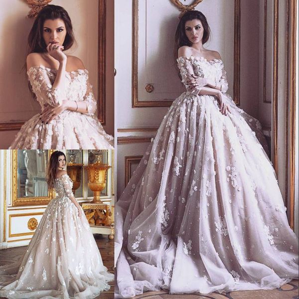 

amazing appliqued wedding dresses with half sleeves sequined a line off the shoulder bridal gowns vestido de novia sweep train wedding dress, White