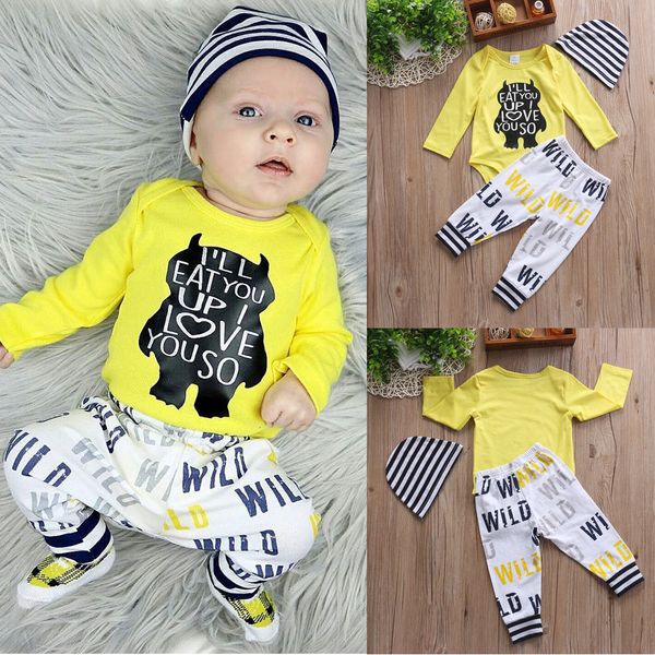 Baby-Kleidung 2018 neugeborenes Baby-Kleidungs-gesetztes Säuglings-langes Hülsen-Bären-Buchstabe druckte gelben Spielanzug + Pants + Hat 3Pcs Jungen-Kleidungs-Satz