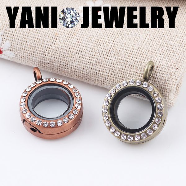 

10pcs/lot Bronze Small Mini 20mm Floating Locket Round Glass Living Memory Floating Locket With Rhinestones