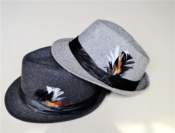 Vintage Trilby Fedoras de lã cinza com tampas de chapéu de penas para homem e mulheres frete grátis