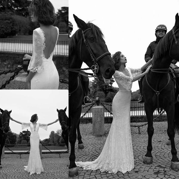 

2018 sexy vintage романтический кружева русалка свадебные платья с мандарин рукава свадебные спинки сад свадебные платья на заказ, White