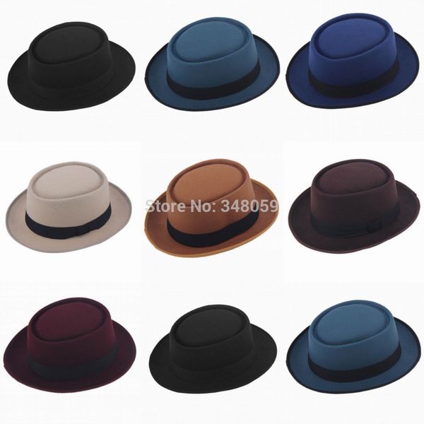 

Оптовая торговля-унисекс старинные войлок свиной пирог Porkpie fedora шляпа Cap Овальный короткие поля Лента группа ВС шляпа