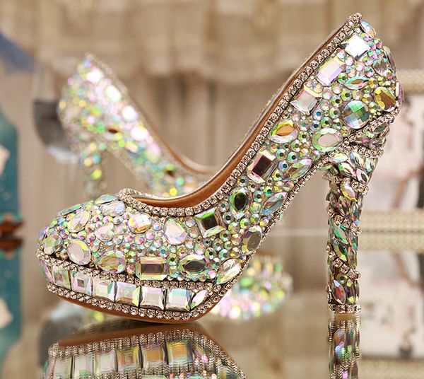 Мода AB хрустальные каблуки роскошные алмазные платформы свадебные насосы свадебные туфли красивая леди игристые Пром партия обувь мать невесты обувь