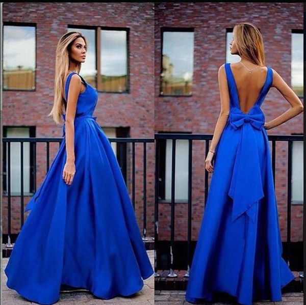 Eleganti abiti da festa blu royal semplici Abito da ballo con fiocco aperto sul retro Abiti da sera convenzionali Una linea in taffettà Abiti da donna moderni da donna