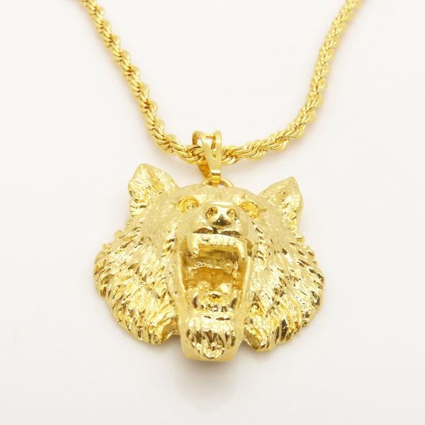 

Vivid Wolf Design Solid 24K желтое золото мужское ожерелье с веревочной цепочкой