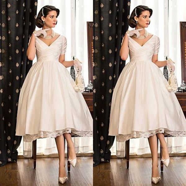 2015 элегантный чай длина свадебные платья V-образным вырезом рукава кружева атласные пухлые свадебные платья на заказ короткие свадебные платья