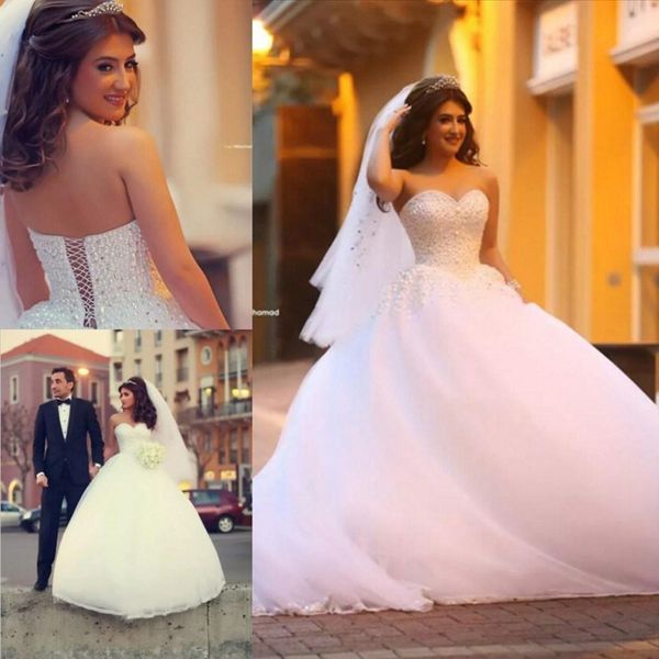 

puffy tulle lace edge ball gown wedding dresses beads crystal lace up back sweetheart off shoulder vestido de noiva bridal gowns, White