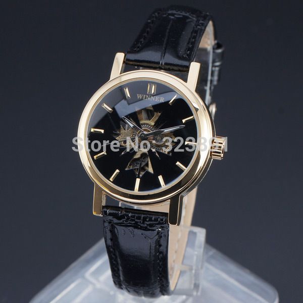 

wholesale-new women winner fashion self-wind mechanical wrist leather watch gift for girl casual skeleton, Slivery;brown