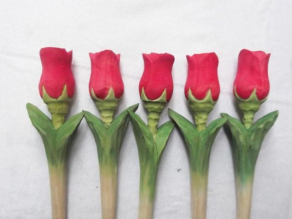 

50pcs/lot cute rose flower carving creative ball point pen shape carving wood pens wood handmade sculpture student's gifts ing, Blue;orange
