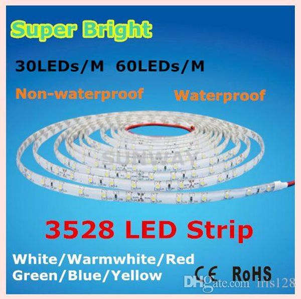 IP65 Водонепроницаемый 5M 3528 SMD 30 60LEDS / M 12V Гибкие огни Светодиодная полоса белый / теплый белый / синий / зеленый / красный / желтый 5 м / рулон