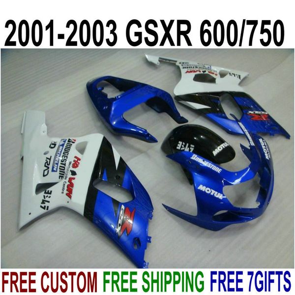 Bodykits de plástico ABS para SUZUKI GSX-R600 GSX-R750 01 02 03 kit de carenagem K1 GSXR 600/750 2001-2003 carenagens brancas azuis SK51