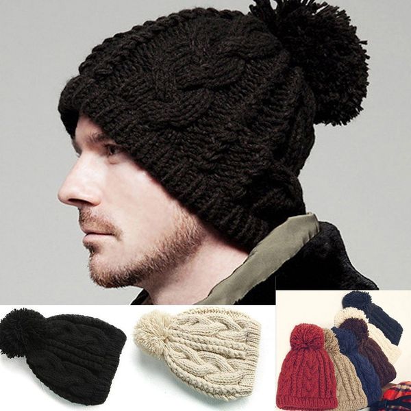 

wholesale-men cable knit beanie women chunky crochet pom ski hat, Blue;gray