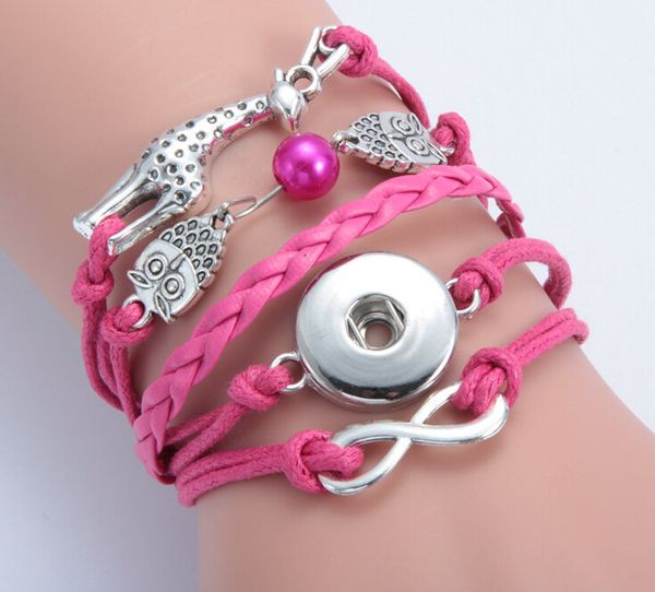 

deer giraffe pearl infinity love owl noosa button bracelet alloy pu leater woven handmade snap button bracelet diy jelwery diy accessories, Golden;silver
