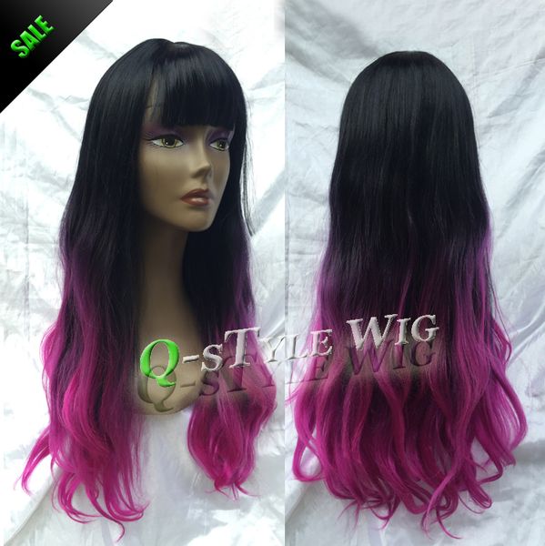 Beauty Color Wavy Hair Wig Two Tone Ombre Style Black Root Purple