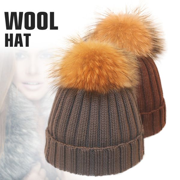 

wholesale-vintages knitted soft marino wool hats with real raccoon fur bobble winter hats for women warmer fashion accessories cap hat, Blue;gray