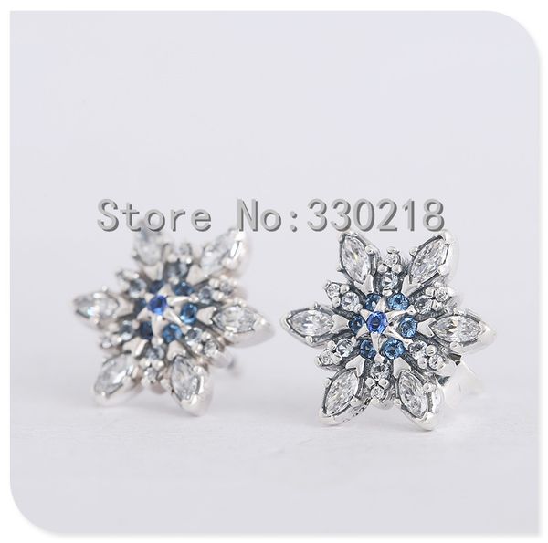 

compatible with pandora jewelry snowflake silver stud earrings with blue crystals 925 sterling silver jewelry diy wholesale, Golden;silver