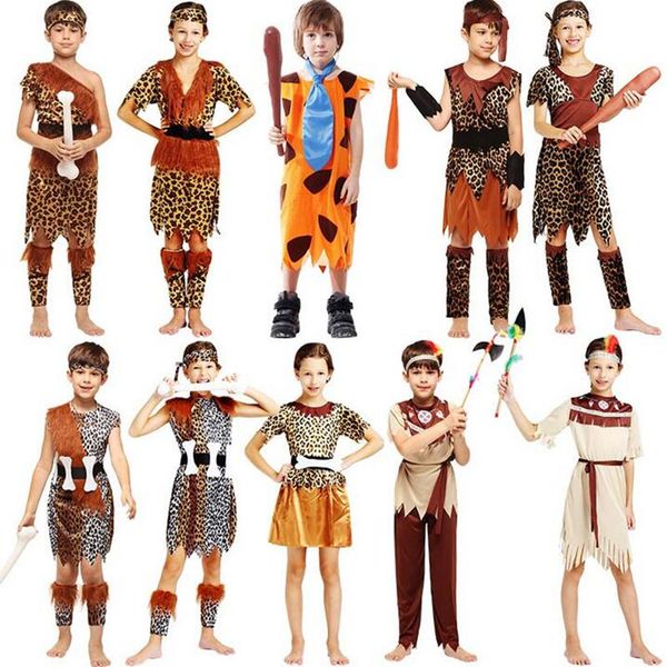 2018 New Boys Girls African Original Indian Savage Costume Kids Wild Cosplay Costumes Halloween Carnival Fancy Dress Supplies Costumes For Groups Of 5