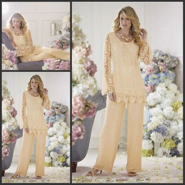 Two Piece Lace Mãe Pant Ternos Para O Casamento Mãe da Noiva Pant Ternos de Chiffon de Manga Comprida Noivo Mãe Roupas Barato Partido Nupcial