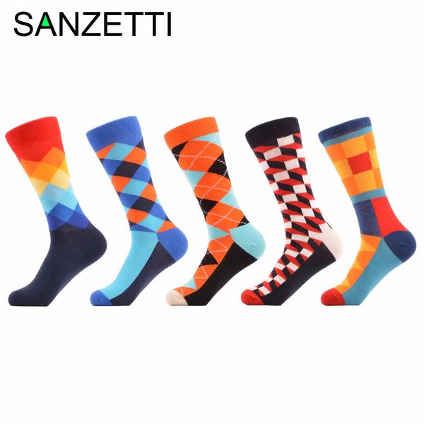

wholesale- sanzetti 5 pair/lot men's funny happy socks argyle combed cotton socks colorful stripe grid tube geometric long socks, Black