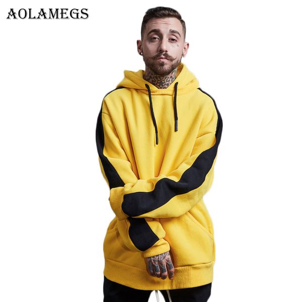 

wholesale- aolamegs hoodies men side striped thick hood high street pullover cotton fashion hip hop streetwear casual pocket hoodie autumn, Black
