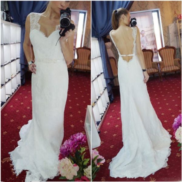 

style backless full lace bridal gowns 2019 summer selling v-neck sweep train sheath wedding dresses custom made, White