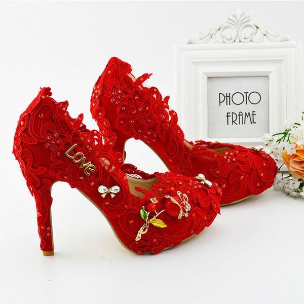 Ultime bellissime scarpe da sposa in pizzo rosso scarpe da donna décolleté moda fatta a mano damigella d'onore tacco alto cerimonia per adulti scarpe da festa243x