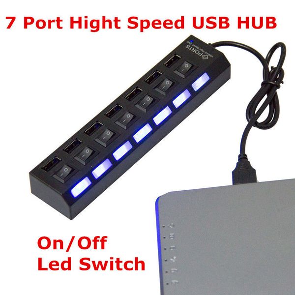 7 Port High Speed USB 2.0 Hub Power Adapter ON/OFF Switch For PC Laptop