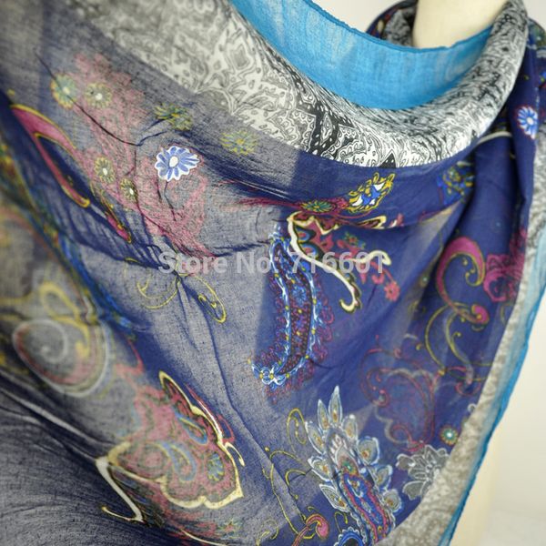 

wholesale-long 180*90cm new fashion blue cashew flowers print woman scarf female shawl wrap cotton voile scarves beach cover ups, Blue;gray