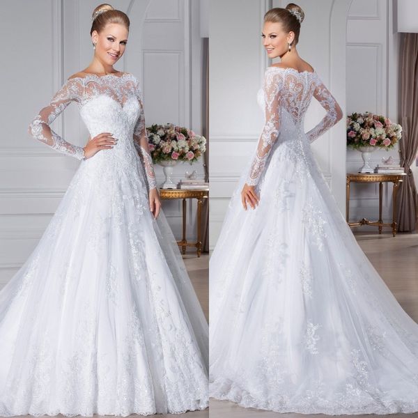

кружевные свадебные платья с длинными рукавами 2019 года с плеча vestidos de novia robe de mariage прозрачные свадебные платья button назад, White