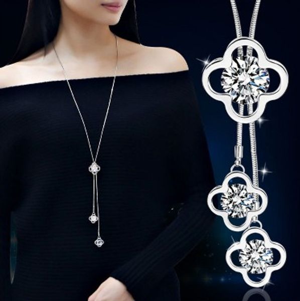 

delicated cz stone clover sweater necklace pendant silver plated sweater long chain jewelry gifts for her womens long necklaces