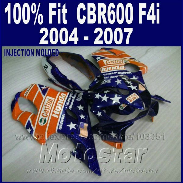 100 Einspritzung für Honda CBR 600 F4i Verkleidungen 2004 2005 2006 2007 Verkleidungskits CBR600 F4i 04 05 06 07 Orange Blau PZAD