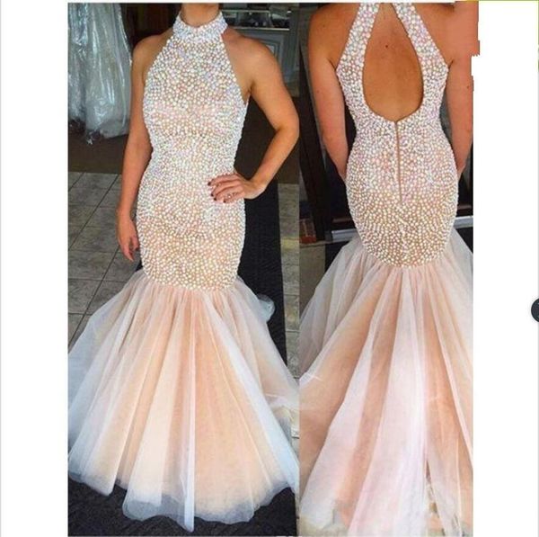 

2019 new halter neck mermaid prom dress high neck champagne keyhold back tulle beaded rhinestones floor length party evening dresses 158, Black;red