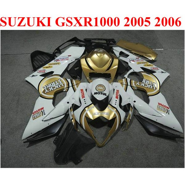 Personalizar as peças da motocicleta para SUZUKI GSXR1000 2005 2006 kit de carenagem K5 K6 05 06 GSXR 1000 branco dourado LUCKY STRIKE carenagens set EF70