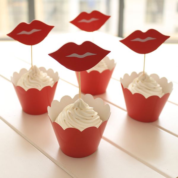 24 PZ/SET Forniture per feste evento Decorazione di nozze Involucri per cupcake Labbra rosse Festa di compleanno per bambini Cup Cake Toppers Picks JIA020