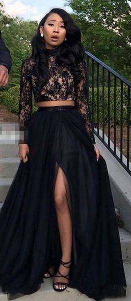 Black Girl Lace Prom Dresses 2019 Long Sleeves Floor Length Two Pieces Sexy Front Slit Modest Formal Evening Dresses Gowns Teenage Prom Dresses Uk