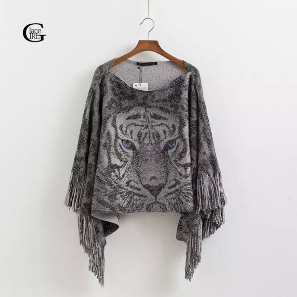 

wholesale- lace girl 2017 autumn winter slash neck women knitted sweaters tassel loose pullover tiger print casual womens capes ponchoes, White;black