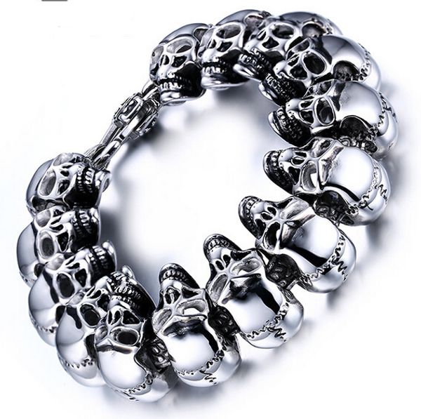 

cool style high polished stainless steel silver biker skull in row wave pattern chain link bracelet men's jewelry 24mm 8.66', Black
