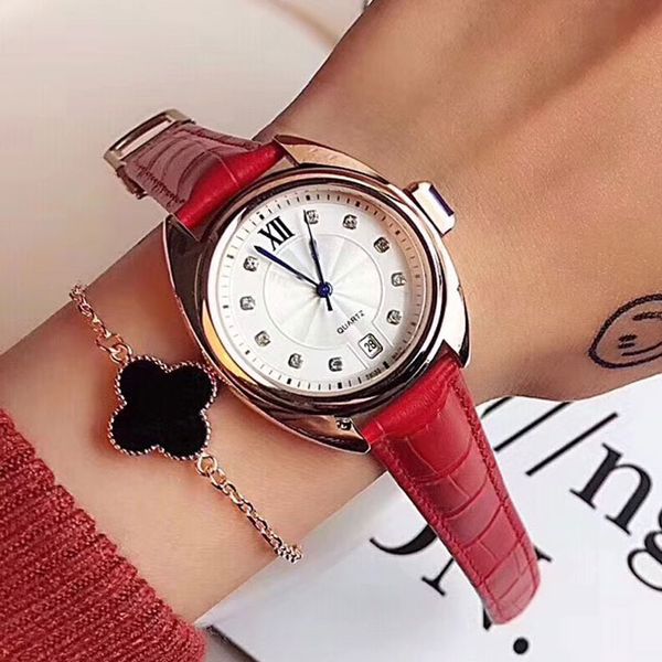 

платье женского бренда часы класса люкс rhinestone 35 мм циферблат кожаный ремешок с бриллиантами с датой кварцевые часы для женщин леди дев, Slivery;brown