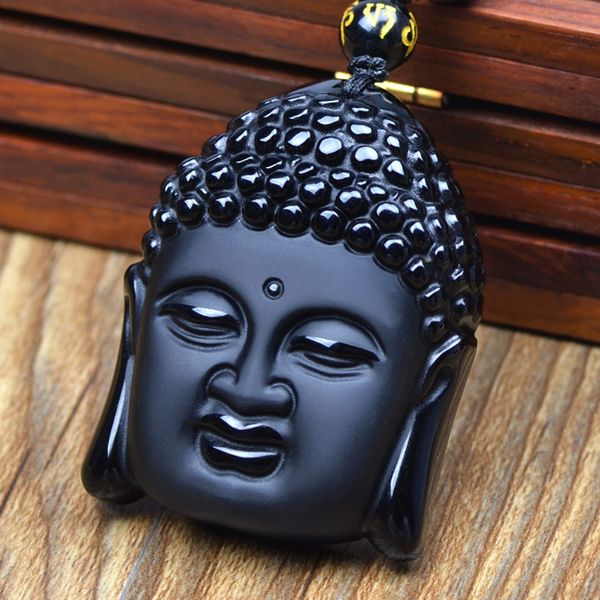 

natural obsidian stone buddha head big tathagata pendant necklace women men jewelry sweater chain beaded necklaces, Silver