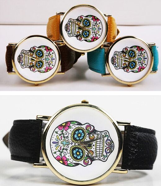 

wholesale 600pcs/lot mix 11olors quartz km112 women dress watch fashion leather skull watch wr004, Slivery;brown
