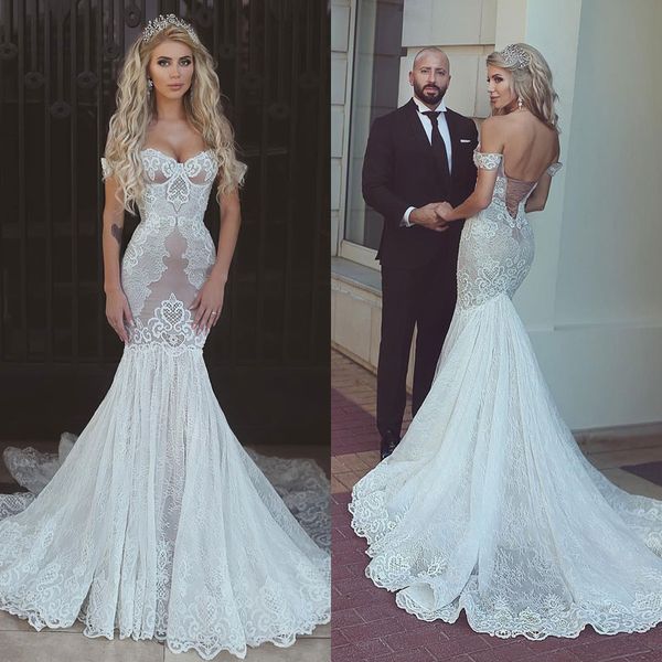 gli abiti a sirena vintage con spalle scoperte nuovo design abiti da sposa senza schienale con applicazioni in pizzo pieno abito da sposa sexy con strascico