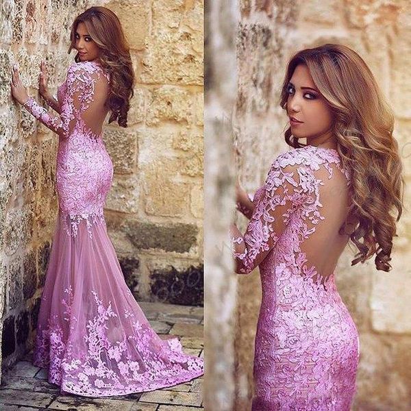 

Розовая Русалка Sheer Длинные Рукава Вечерние Платья 2017 Sexy Backless Аппликация Кружева