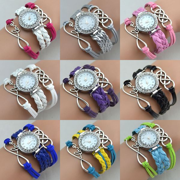 

Hot New Infinity Watches Weave Bracelet Charms Watch Lady Wrap Watch Love Leather Wrist Watch Mix Color Drop Free Shipping