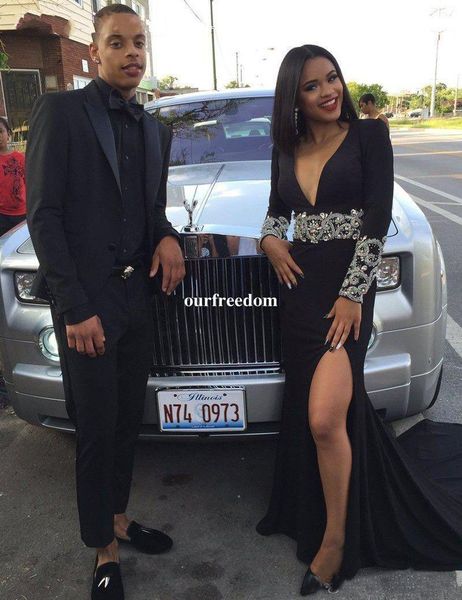 

Unique Mermaid Prom Dresses 2019 Deep V Neck Long Sleeves Formal Party Dresses African Black Girl Evening Gowns Beads Crystal Custom Size
