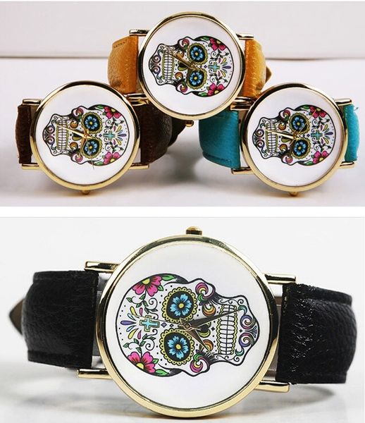 

wholesale 100pcs/lot mix 11olors quartz km112 women dress watch fashion leather skull watch wr002, Slivery;brown