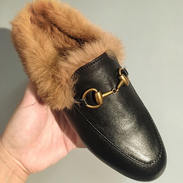 

real picture genuine leather winter new lazy half slippers female rabbit hair plush slippers flat tip muller shoes, Black