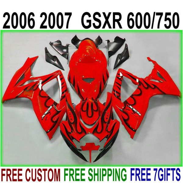 Novo Kit de Feira para Suzuki GSX-R600 / 750 06 07 Feedings K6 GSXR 600 750 2006 2007 Chamas pretas em Red Motobike Set NS75